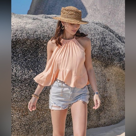 #132 Solid Ruffled Flowy Peachy Top with adjustable tie Halter Neck 100% Viscose - Picture 5 of 5